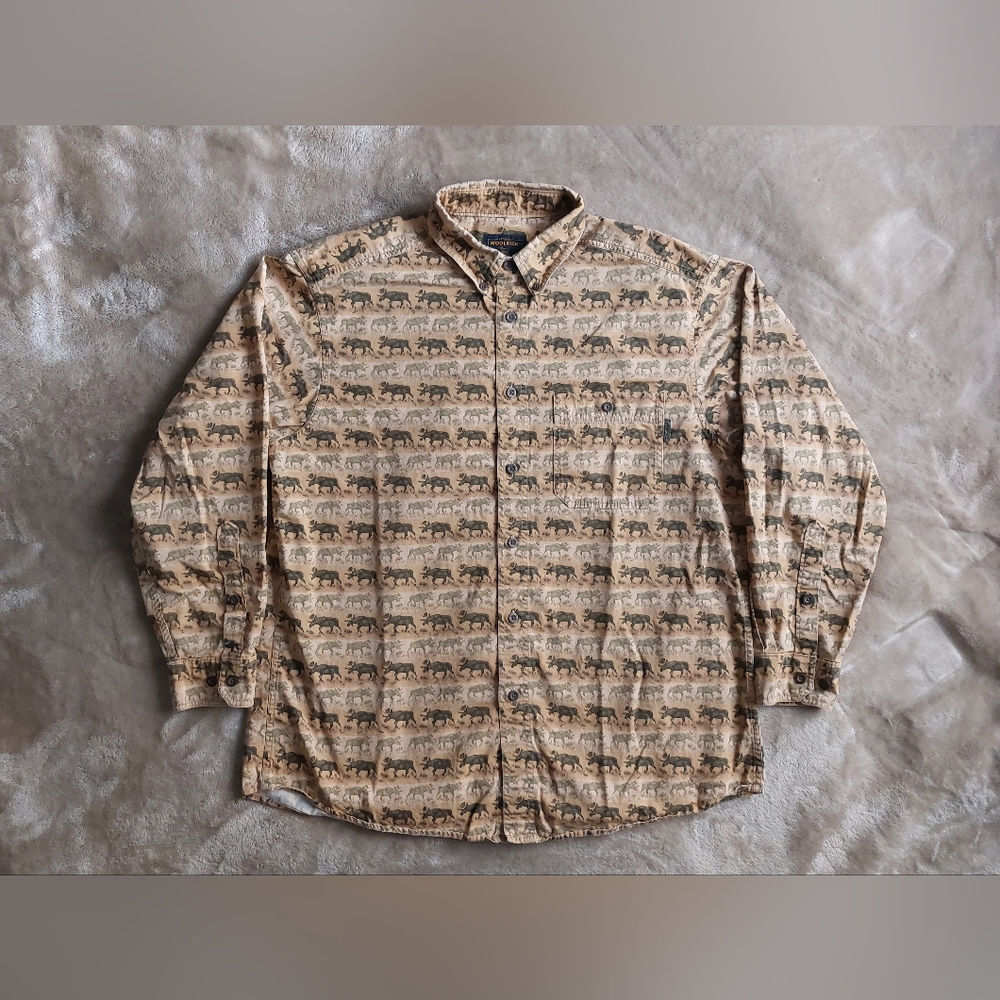 VTG Woolrich Men's Beige Moose All Over Print Outdoor Cotton Flannel Shirt | L